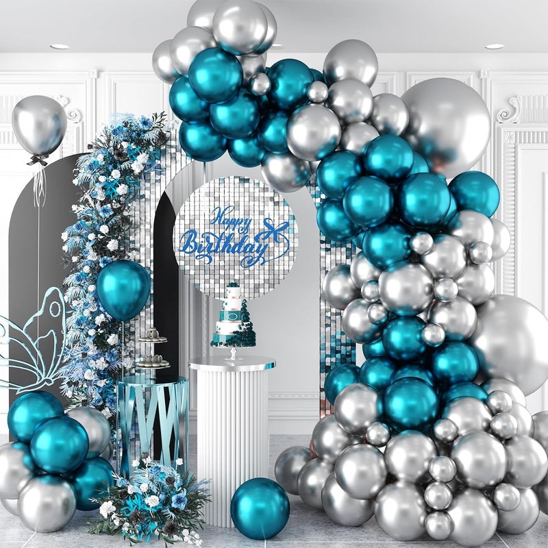 Flyloons 100 pcs Blue Silver Metallic Chrome Balloons for Birthday Decoration items celebration Anniversary Girls Boys Men Women - Image 2
