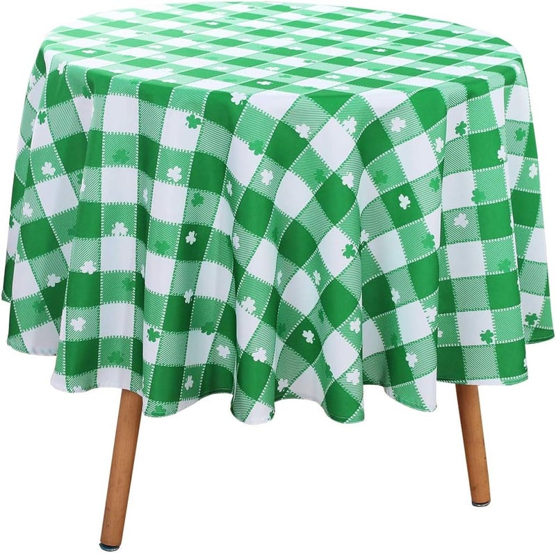 SARAFLORA St Patricks Day Checkered Fabric Round Table Cloth60 InchPolyester Shamrock Pattern Tablecloth Table Cover Protector for Party Banquet Dinner Decoration Use Green  White - Image 1