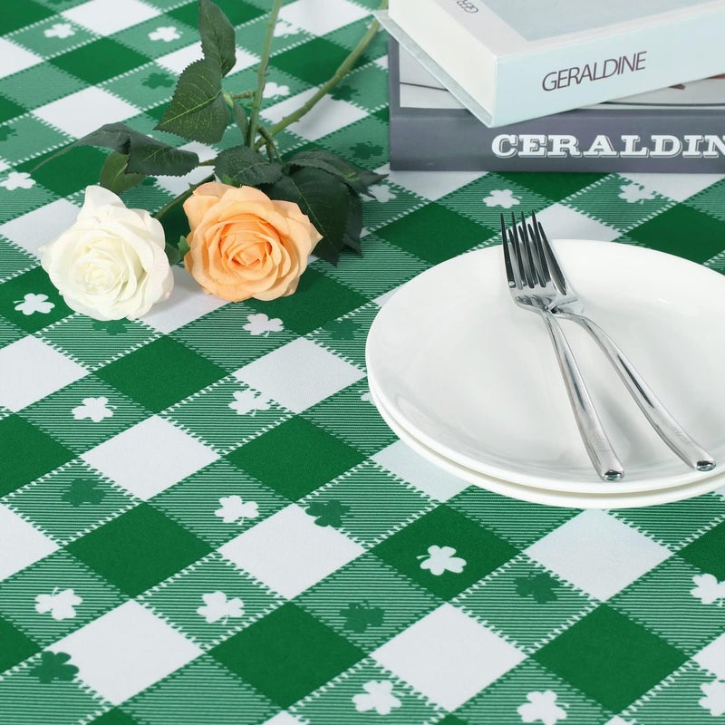 SARAFLORA St Patricks Day Checkered Fabric Round Table Cloth60 InchPolyester Shamrock Pattern Tablecloth Table Cover Protector for Party Banquet Dinner Decoration Use Green  White - Image 5