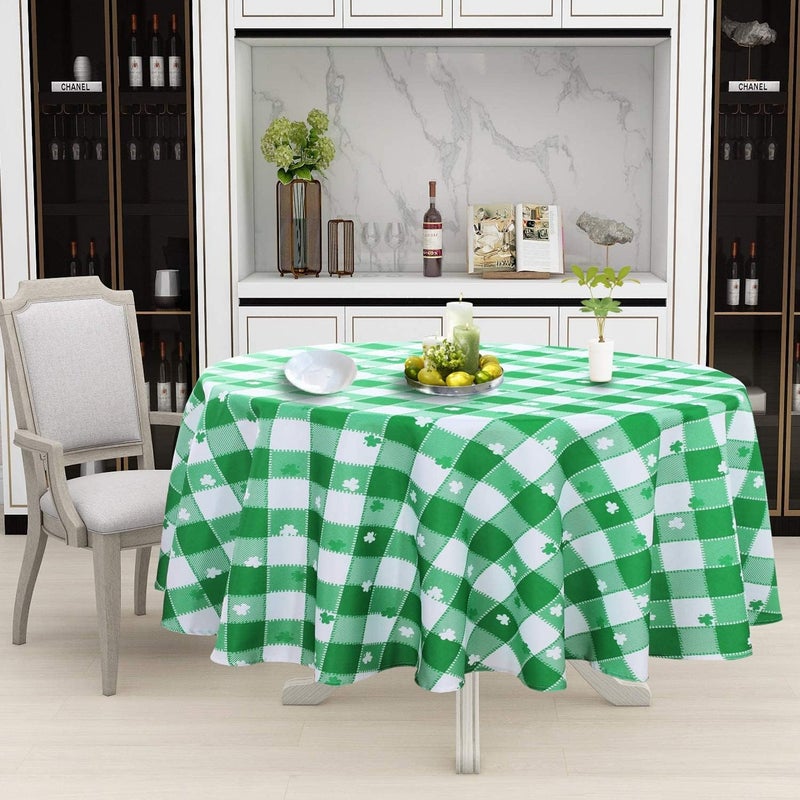 SARAFLORA St Patricks Day Checkered Fabric Round Table Cloth60 InchPolyester Shamrock Pattern Tablecloth Table Cover Protector for Party Banquet Dinner Decoration Use Green  White - Image 2