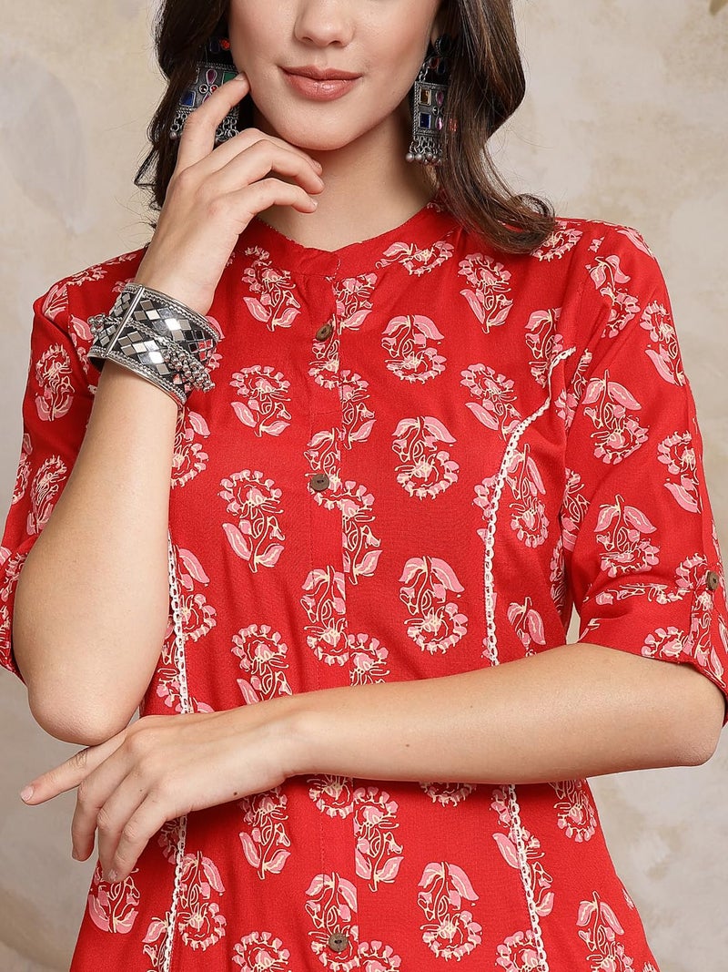 Stylum Women's Red Floral Printed Rayon A-Line Kurta (XX-Large) - Image 4