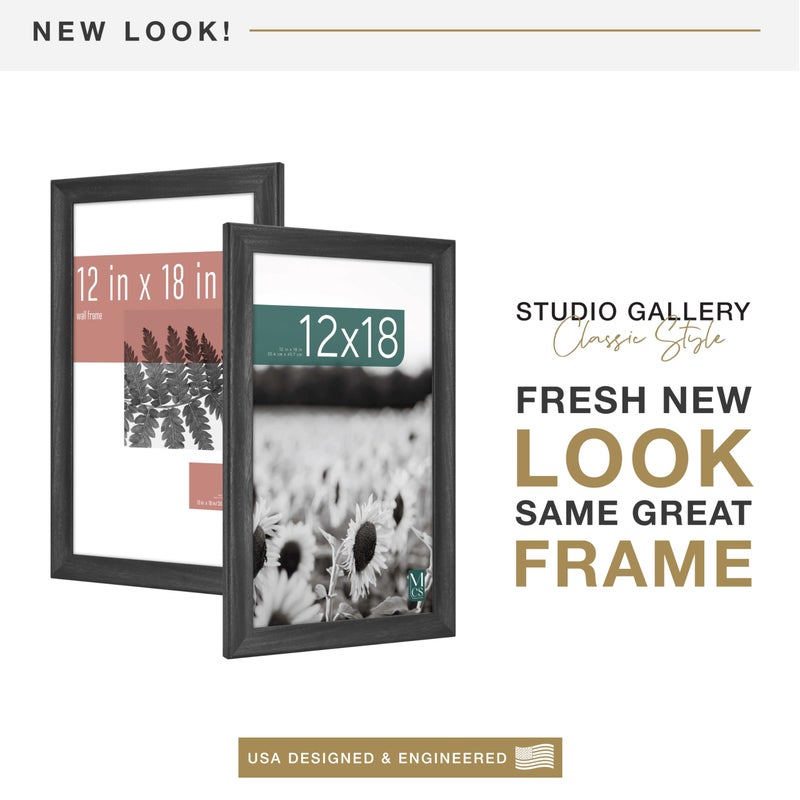 MCS Studio Gallery Classic 12x18 Picture Frame Black Woodgrain Engineered Wood, Vertical & Horizontal Wall Hanging Large Picture Frame for Photos, Posters & Art Prints (1-Pack) - Image 2