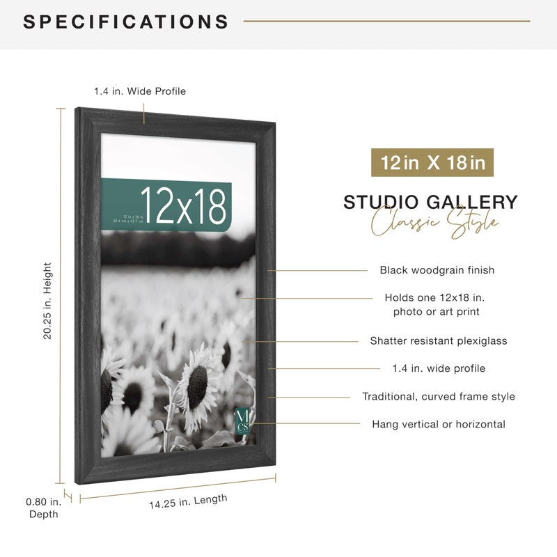 MCS Studio Gallery Classic 12x18 Picture Frame Black Woodgrain Engineered Wood, Vertical & Horizontal Wall Hanging Large Picture Frame for Photos, Posters & Art Prints (1-Pack) - Image 4