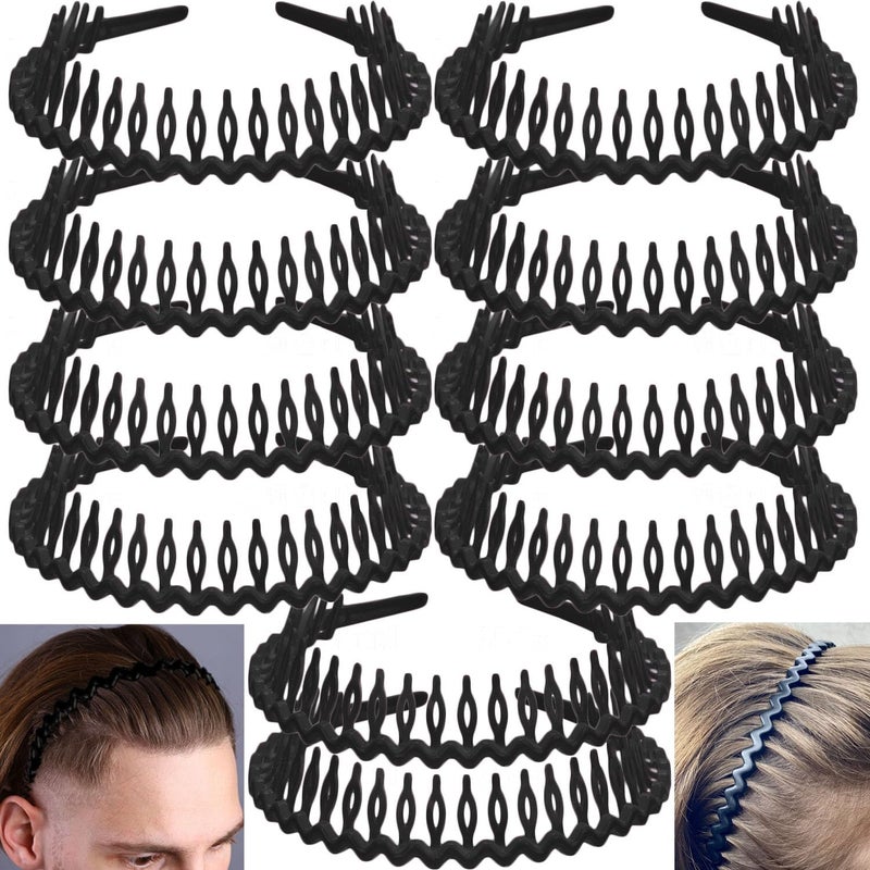 LAPOHI 10 PCS Non Slip Fashion Effortless Plastic Headbands with Teeth Comb Skinny Hair Bands for Women Men Teen Girls, Long Teeth Matte Black - Image 1