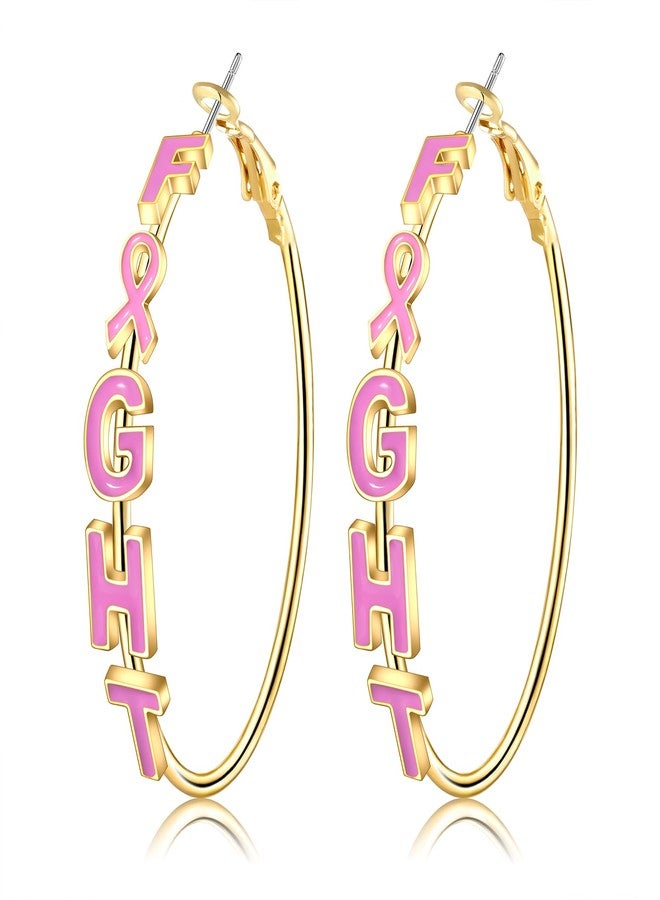 Boderier Breast Cancer Awareness Earrings Fight Pink Ribbon Hoop Earring Chunky Gold Hoops Breast Cancer Support Survivor Gifts for Women Pink FIGHT