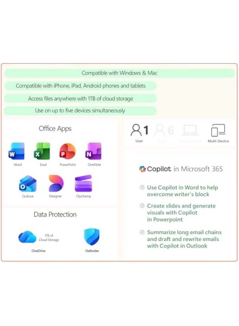 مايكروسيف مايكروسوفت ٣٦٥ | اشتراك ١٢ شهرًا | شخص واحد | تطبيقات أوفيس المميزة: وورد، إكسل، باوربوينت، وغيرها | مساحة تخزين سحابية ١ تيرابايت | تحميل فوري لجهاز كمبيوتر محمول بنظام ويندوز أو ماك بوك | يتطلب التنشيط - Image 2