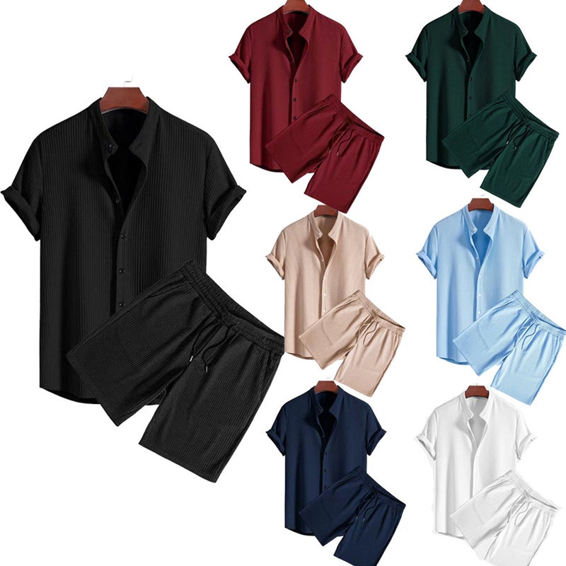 Men's Casual Striped Short Sleeve Shirt Set with Stand Collar - Image 1