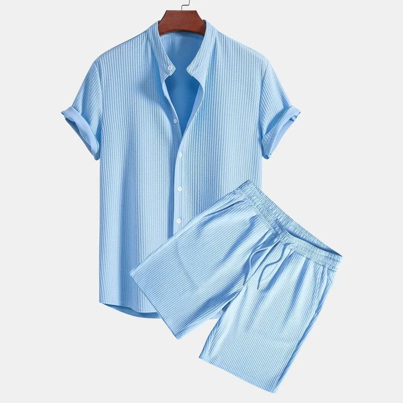 Men's Casual Striped Short Sleeve Shirt Set with Stand Collar - Image 2