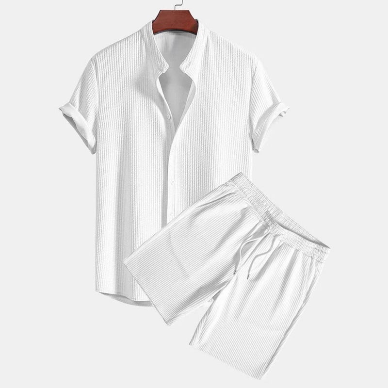 Men's Casual Striped Short Sleeve Shirt Set with Stand Collar - Image 3