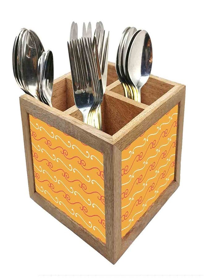 Nutcase Wooden Cutlery Stand Holder Silverware Caddy Spoons Forks Knives Organizer for Dining Table & Kitchen -Made in India-Spoons NOT Included - Ethnic Pattern Orange - Image 1