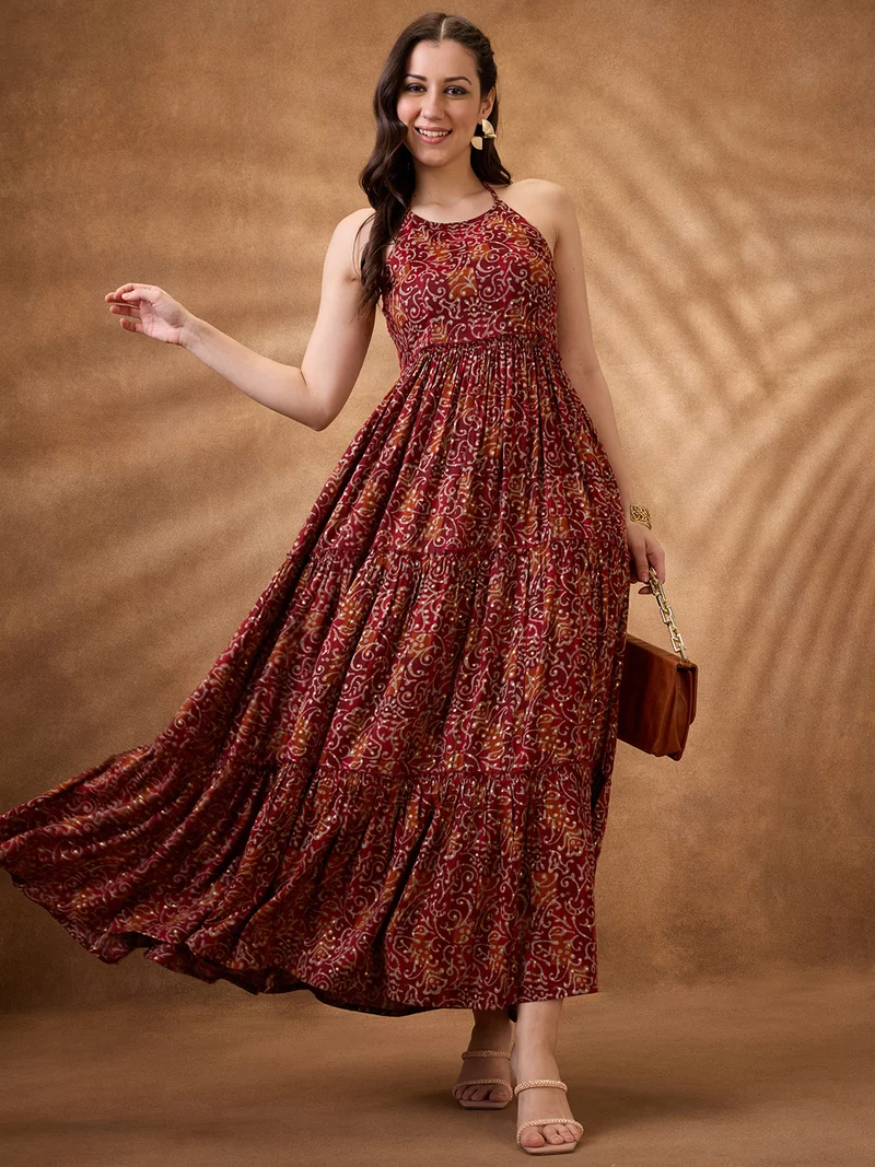 globus Women Maroon Paisley Print Halter Neck Fit And Flare Tiered Maxi Fusion Dress