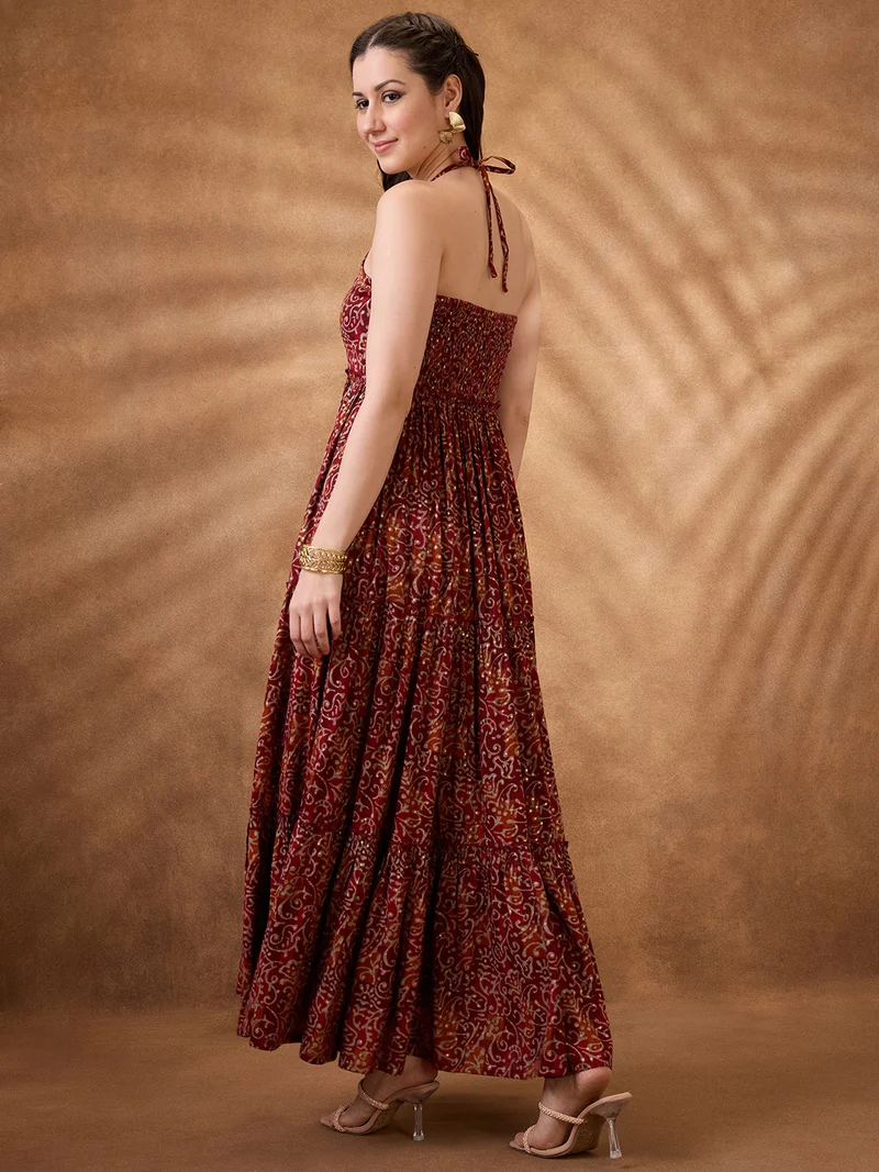 globus Women Maroon Paisley Print Halter Neck Fit And Flare Tiered Maxi Fusion Dress
