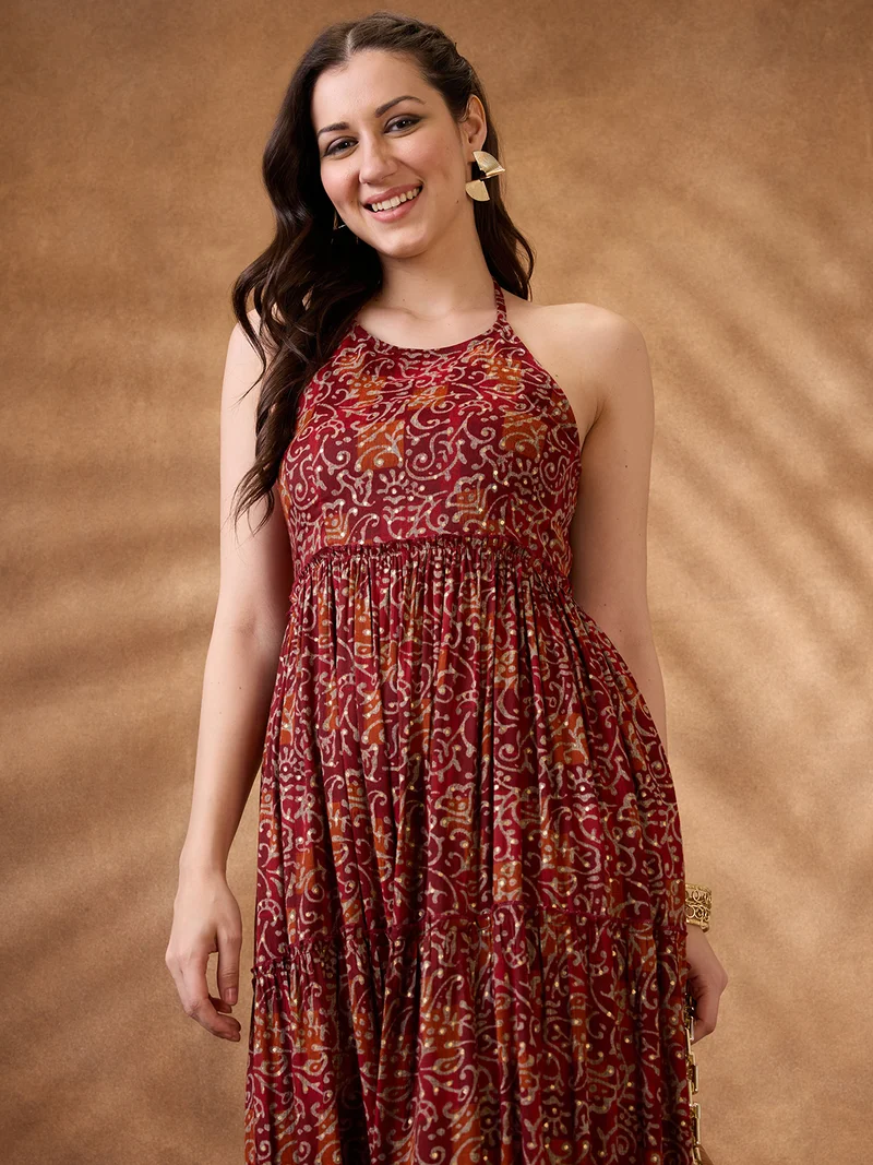 globus Women Maroon Paisley Print Halter Neck Fit And Flare Tiered Maxi Fusion Dress