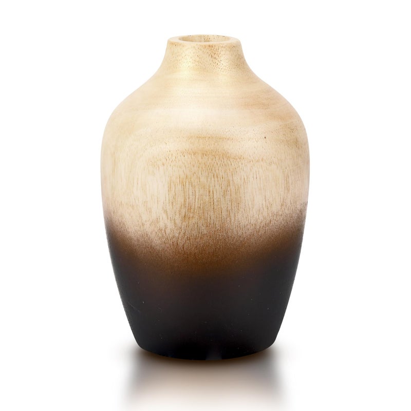 6inch Mango Wood Flower Vase Handmade Bottle Shaped Decorative Wooden Tabletop Vase for Rustic Home Dcor Brown to Black Gradient Indoor Centerpiece Artisan Mango Tree Vase for Dried Flowers