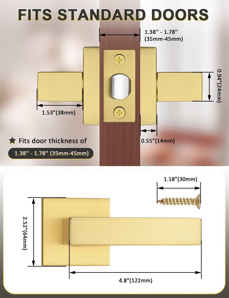 Tinewa 10 Pack Gold Keyless Square Levers Handles, Satin Brass Finish, Interior Passage Door Locksets for Hall Closet Door Knobs Lock Reversible Right & Left Handed - Image 2