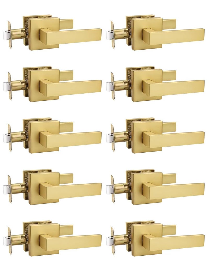 Tinewa 10 Pack Gold Keyless Square Levers Handles, Satin Brass Finish, Interior Passage Door Locksets for Hall Closet Door Knobs Lock Reversible Right & Left Handed - Image 1