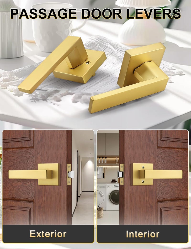 Tinewa 10 Pack Gold Keyless Square Levers Handles, Satin Brass Finish, Interior Passage Door Locksets for Hall Closet Door Knobs Lock Reversible Right & Left Handed - Image 3