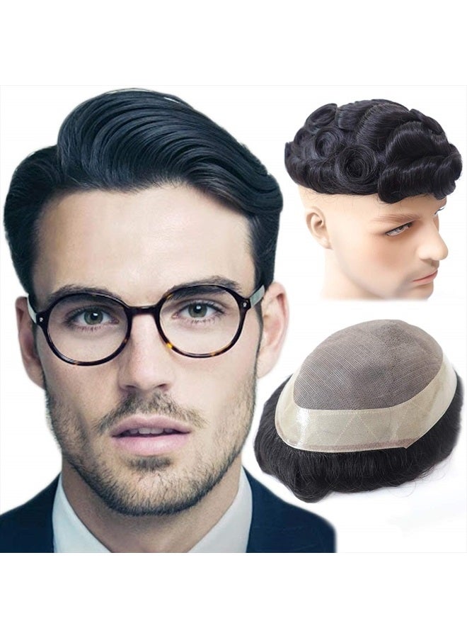 Hywel Toupee for Men with 100% Virgin Human Hair, Mono Top with Poly Coating Around Cap Mens Wig Base Size 7 * 9 Inch, Natural Wave Hair Pieces Replacement for Men System Off Black #1B - Image 1