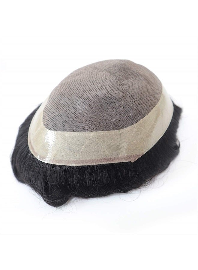 Hywel Toupee for Men with 100% Virgin Human Hair, Mono Top with Poly Coating Around Cap Mens Wig Base Size 7 * 9 Inch, Natural Wave Hair Pieces Replacement for Men System Off Black #1B - Image 4