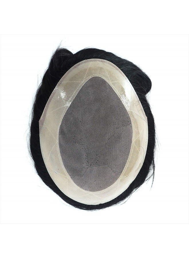 Hywel Toupee for Men with 100% Virgin Human Hair, Mono Top with Poly Coating Around Cap Mens Wig Base Size 7 * 9 Inch, Natural Wave Hair Pieces Replacement for Men System Off Black #1B - Image 5