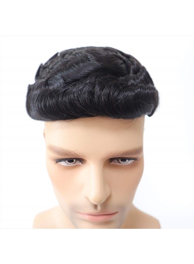 Hywel Toupee for Men with 100% Virgin Human Hair, Mono Top with Poly Coating Around Cap Mens Wig Base Size 7 * 9 Inch, Natural Wave Hair Pieces Replacement for Men System Off Black #1B - Image 2