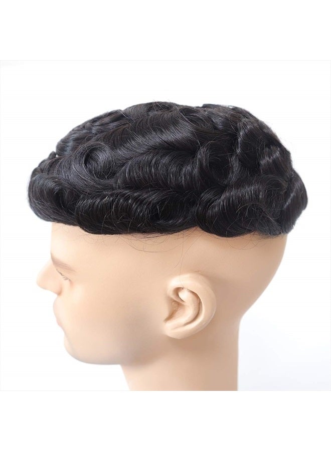 Hywel Toupee for Men with 100% Virgin Human Hair, Mono Top with Poly Coating Around Cap Mens Wig Base Size 7 * 9 Inch, Natural Wave Hair Pieces Replacement for Men System Off Black #1B - Image 3