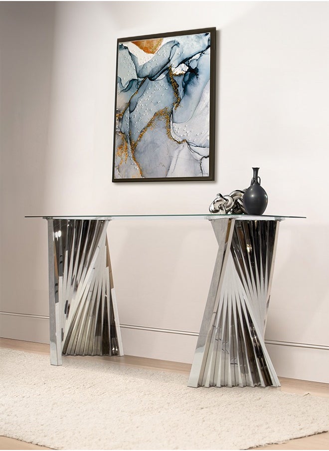 VANITY LIVING VANITY LIVING 140cm Console Table for Living Room Furniture, Narrow Hallway Table with Chrome Stainless Steel Base and Clear Glass Top, Slim Entryway Table  - Image 1