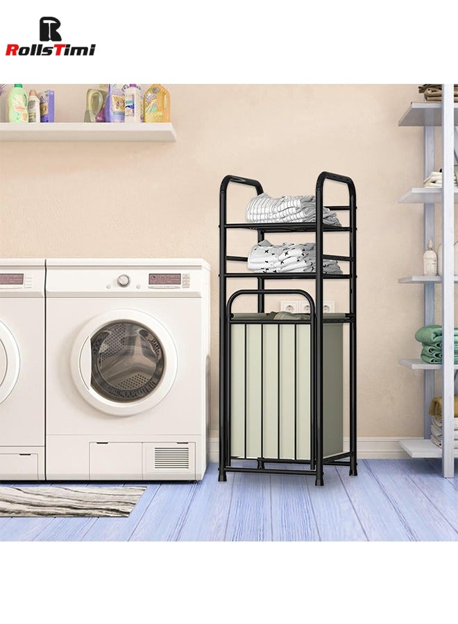 RollsTimi  Storage Rack With Tilting Dirty Clothes Basket,With Removable Liner Bag,Multi Layer Rack Bathroom Laundry Room Clothing Storage  - Image 2