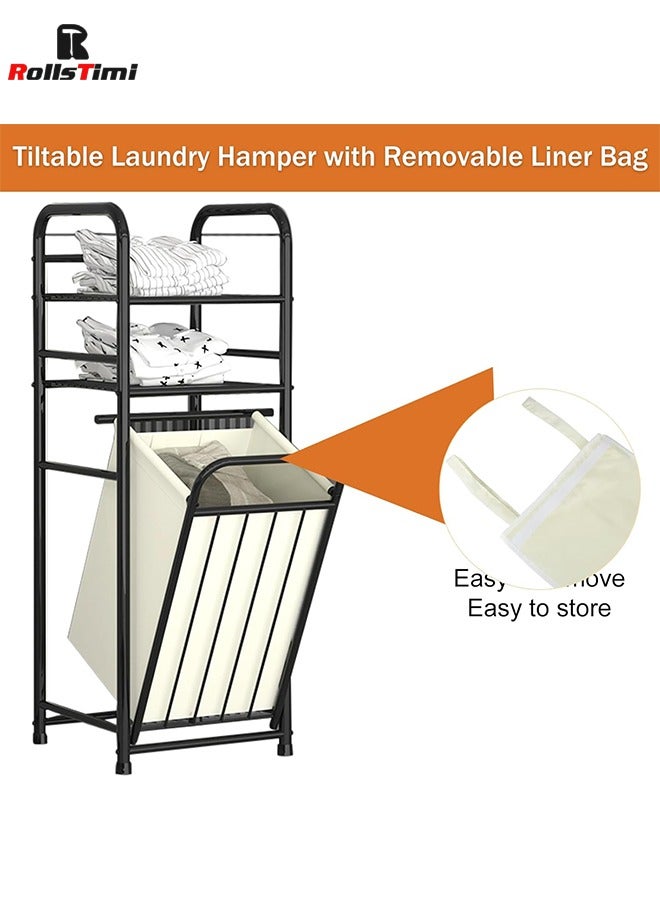 RollsTimi  Storage Rack With Tilting Dirty Clothes Basket,With Removable Liner Bag,Multi Layer Rack Bathroom Laundry Room Clothing Storage  - Image 3