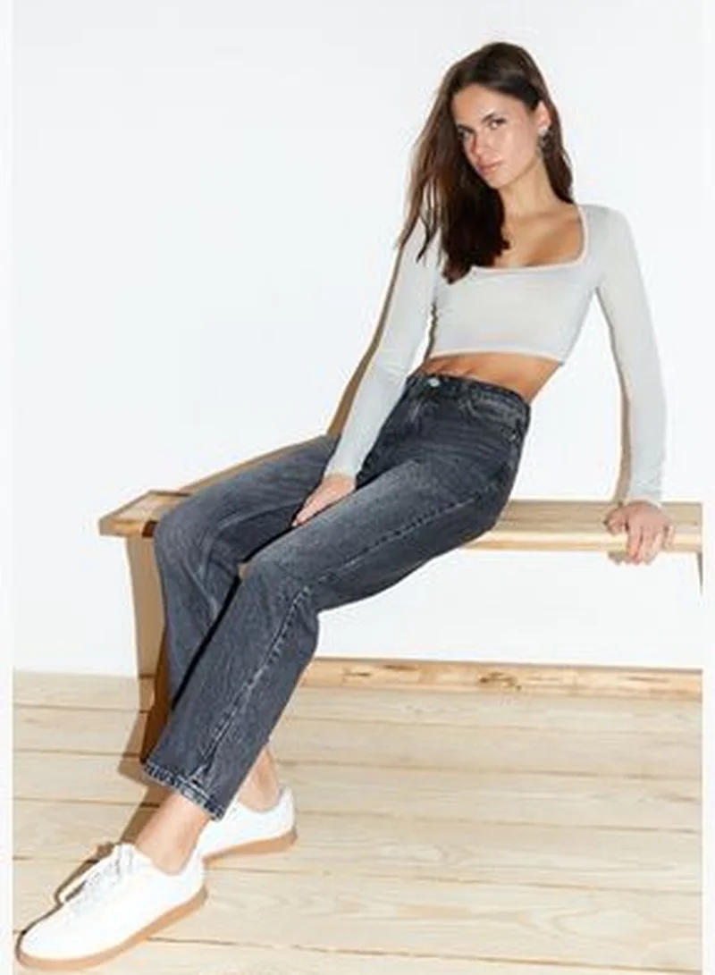 trendyol Gray Decollete Crop Flexible Knitted Blouse TWOSS24BZ00412