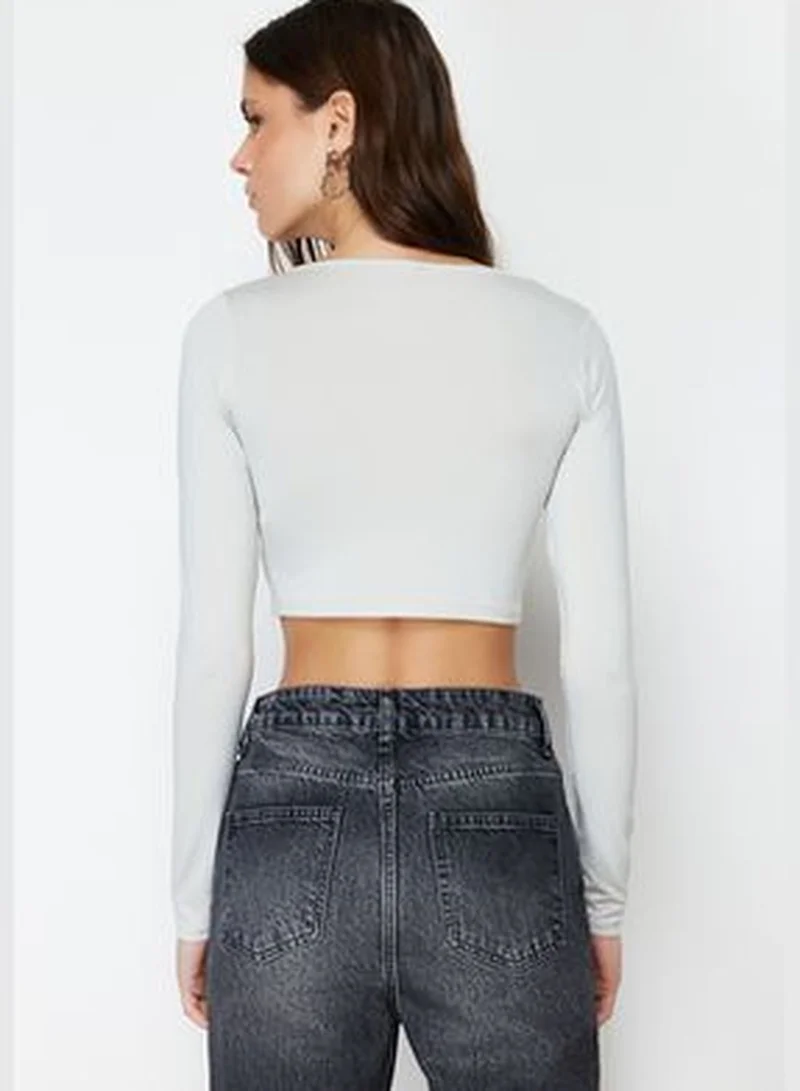 trendyol Gray Decollete Crop Flexible Knitted Blouse TWOSS24BZ00412