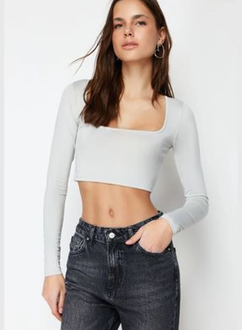 trendyol Gray Decollete Crop Flexible Knitted Blouse TWOSS24BZ00412