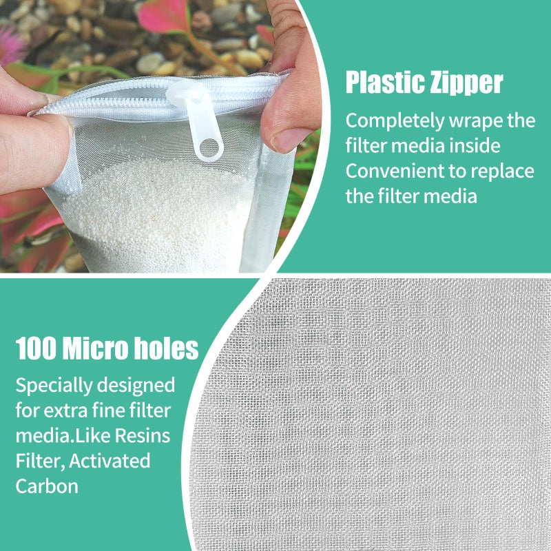 AQUANEAT Aquarium Filter Media Bags 15pcs Fish Tank Extra Fine 100 Micron Mesh Bags with Plastic Zipper for Activated Carbon (3" x 8") - Image 4
