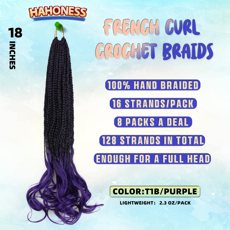 hahoness French Curl Crochet Braids for Black Women-18 Inches 8 Packs Goddess Box Braids,Ombre Purple Soft Pre Looped Braided Synthetic Hair Extensions with Curly Wavy Ends(18"-8 Packs,T1B/Purple) - Image 2