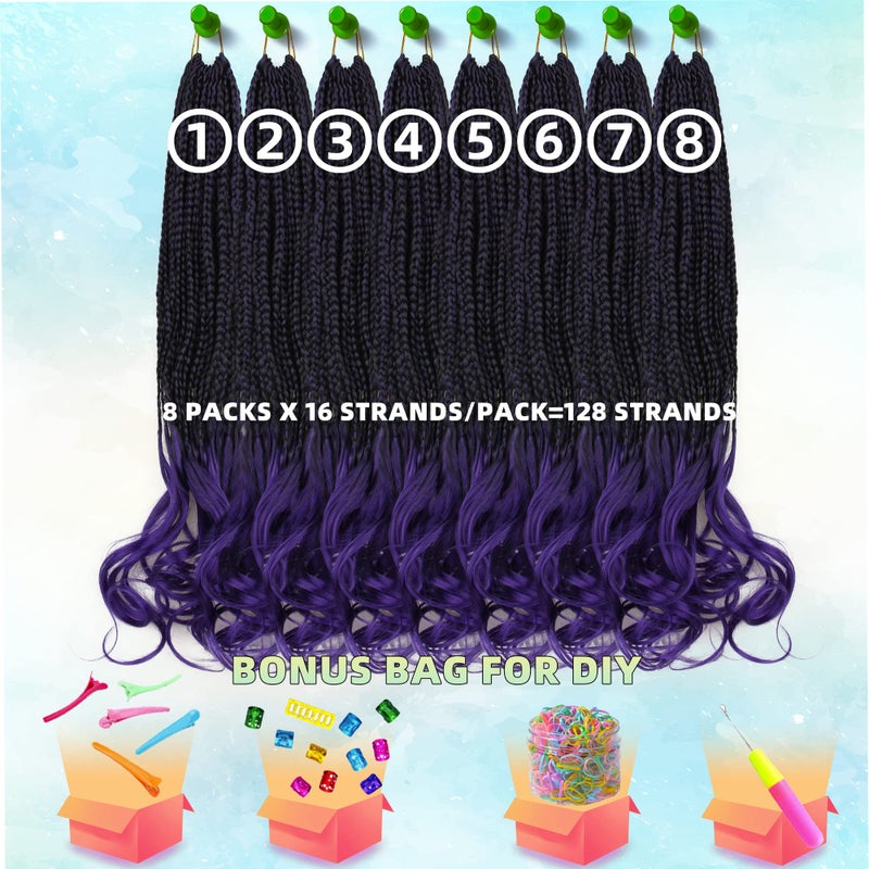hahoness French Curl Crochet Braids for Black Women-18 Inches 8 Packs Goddess Box Braids,Ombre Purple Soft Pre Looped Braided Synthetic Hair Extensions with Curly Wavy Ends(18"-8 Packs,T1B/Purple) - Image 4