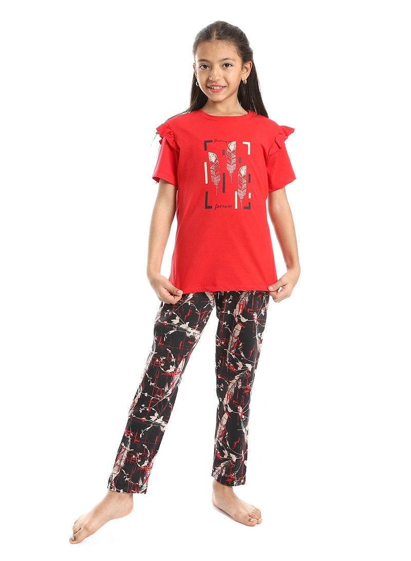 REDCOTTON Girls Printed Ballerina Tee & Pants Pajama Set  - Image 1
