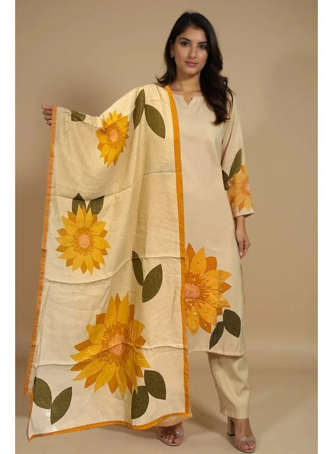 trueBrowns trueBrowns Beige Sunflower Print Kurta Pant Dupatta Set