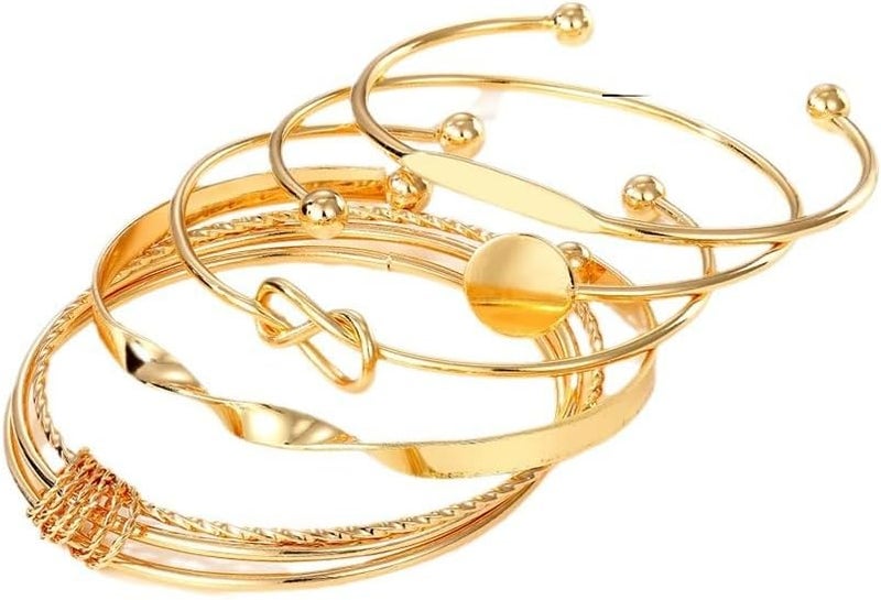 HANNEA® Bangles Bracelets for Women, 5Pcs Gold Bangle Bracelets Set for Women Girls, Chic Bangles Combo Multi Layered Boho Metal Alloy Golden Open Stackable Non-Tarnish Bangles Bracelets - Image 1