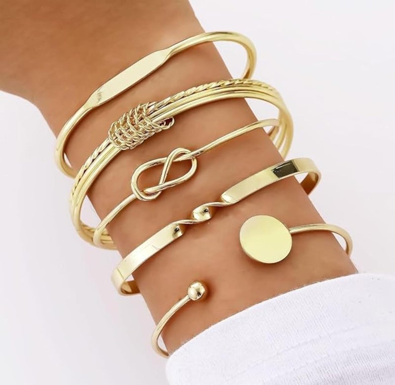 HANNEA® Bangles Bracelets for Women, 5Pcs Gold Bangle Bracelets Set for Women Girls, Chic Bangles Combo Multi Layered Boho Metal Alloy Golden Open Stackable Non-Tarnish Bangles Bracelets - Image 4