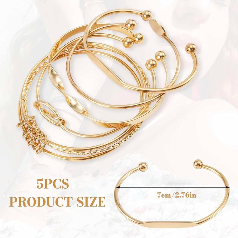 HANNEA® Bangles Bracelets for Women, 5Pcs Gold Bangle Bracelets Set for Women Girls, Chic Bangles Combo Multi Layered Boho Metal Alloy Golden Open Stackable Non-Tarnish Bangles Bracelets - Image 2