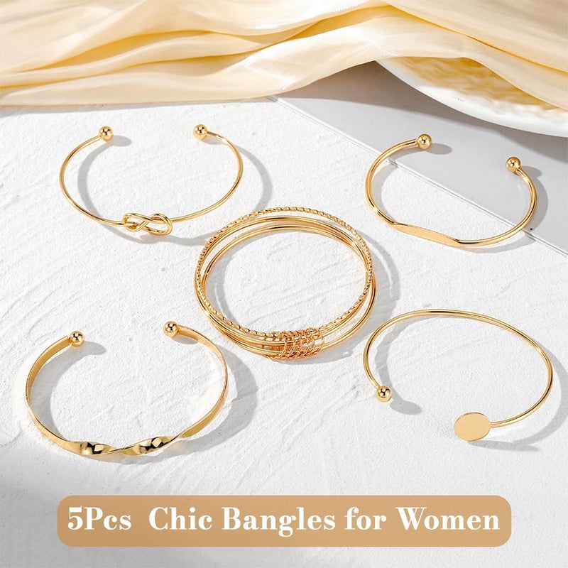 HANNEA® Bangles Bracelets for Women, 5Pcs Gold Bangle Bracelets Set for Women Girls, Chic Bangles Combo Multi Layered Boho Metal Alloy Golden Open Stackable Non-Tarnish Bangles Bracelets - Image 3