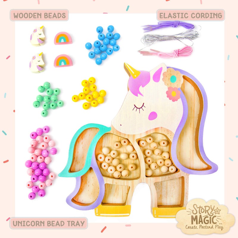 Story Magic Unicorn Bead Set by Horizon Group USA, Create Your Own Magical Beaded Jewelry, Includes Over 100 Natural Wooden Beads Large Hole, 5 Pre-Cut Elastic Cords with Shoelace Ends, Storage Case - Image 2