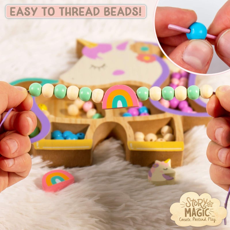 Story Magic Unicorn Bead Set by Horizon Group USA, Create Your Own Magical Beaded Jewelry, Includes Over 100 Natural Wooden Beads Large Hole, 5 Pre-Cut Elastic Cords with Shoelace Ends, Storage Case - Image 3