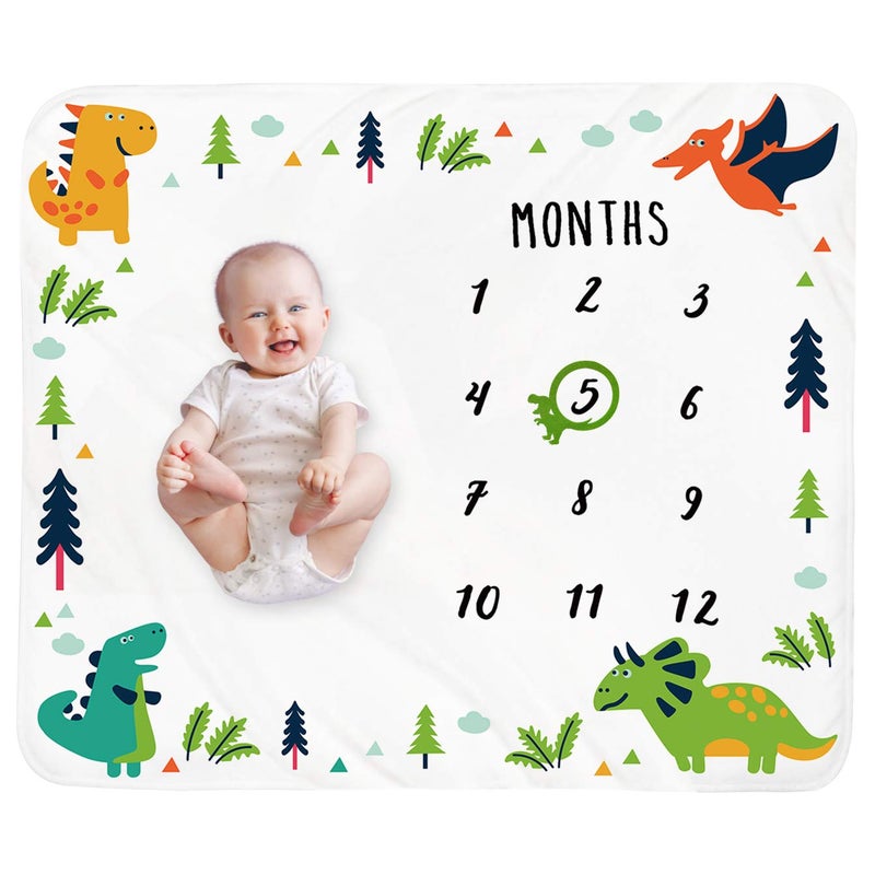 Tebaby بطانية milestones الشهرية للرضع - ديناصور محايد بطانية شهرية للمواليد الجدد للأولاد والبنات هدية استحمام شخصية ناعمة من الفليس مع إطار كبير 47''x40'' - Image 1
