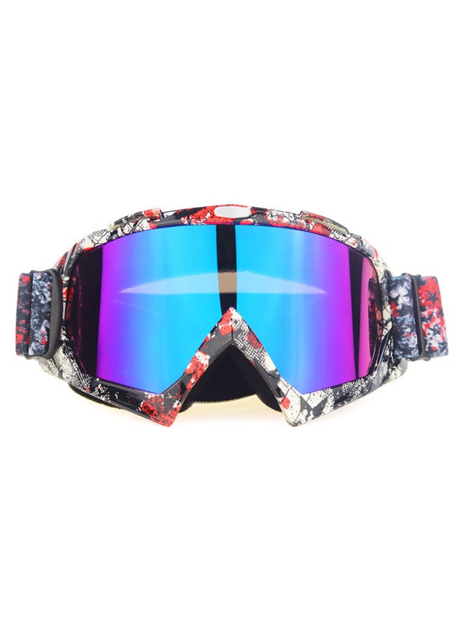 Downhill Motocross Helmet Goggles, Ski Glasses, Windproof - Black and White with Red Frame and Color Film, Outdoor Unisex