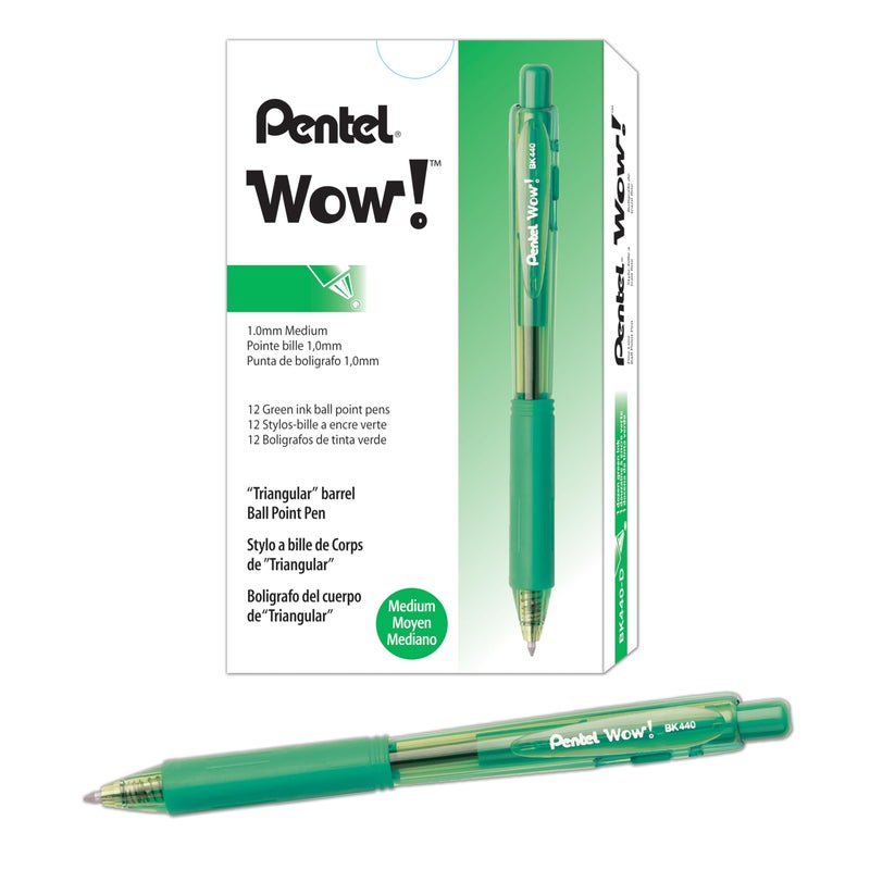 Pentel أقلام حبر جاف قابلة للسحب من بنتل Wow!، (1.0 مم)، خط متوسط، حبر أخضر، علبة من 12 (BK440-D) - Image 1