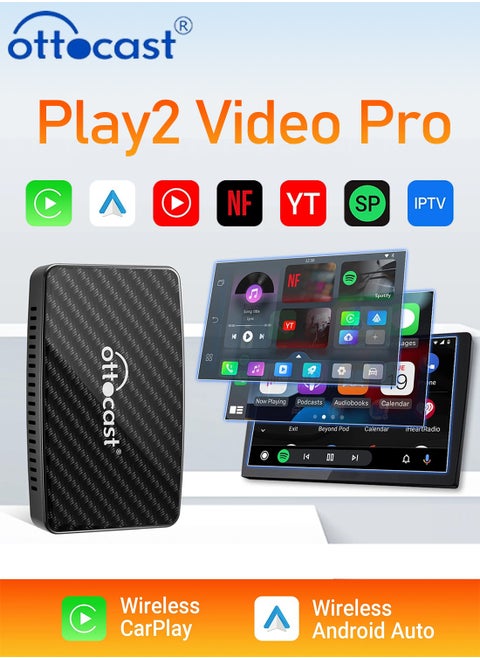 Ottocast Play2Video Wireless CarPlay Android Auto All-in-one Adapter Built-in 2 Video App Support for Youtube Netflix TV Box Car Play