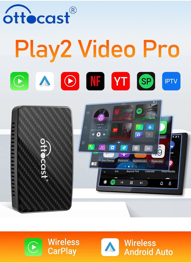 Ottocast Play2Video Wireless CarPlay Android Auto All-in-one Adapter Built-in 2 Video App Support for Youtube Netflix TV Box Car Play