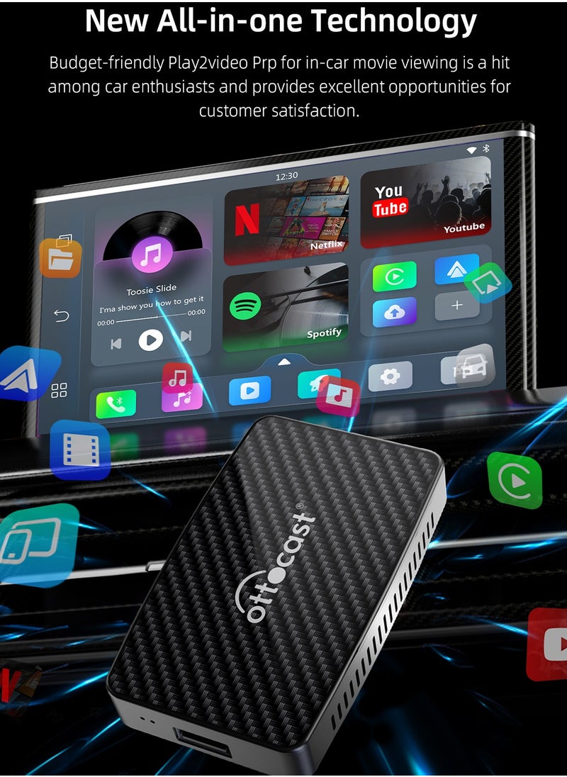 Ottocast Play2Video Wireless CarPlay Android Auto All-in-one Adapter Built-in 2 Video App Support for Youtube Netflix TV Box Car Play