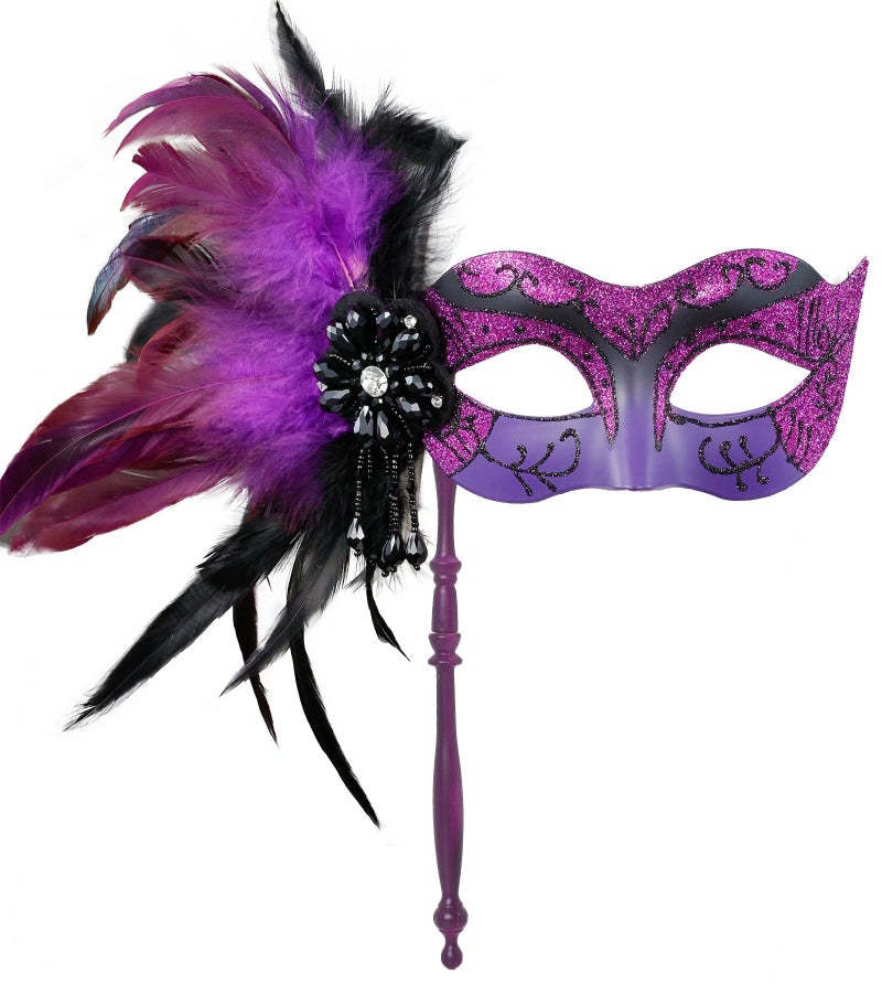 MYSEUNI 2025 New Purple Masquerade Mask for Women with Stick - Shiny Women's Feather Purple Mardi Gras Mask for Halloween Parties, Carnival, Cosplay Prom, Christmas, Wedding, Bar, Costume Accessory - Image 1